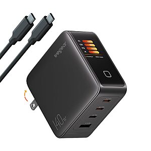wegear 4-Port 140W GaN USB‑C Wall Charger with Touch Smart Display and 5′ 240W Cable for $33