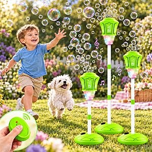 EagleStone Automatic Bubble Machine with 2.4GHz Remote, LED Lights & Music for $14.30