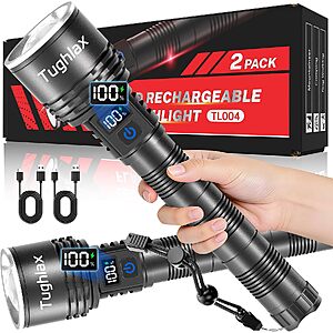 Tughlax 2-Pack Rechargeable LED Flashlights with LCD Display and Zoomable Beam for $18.00 (-50%)